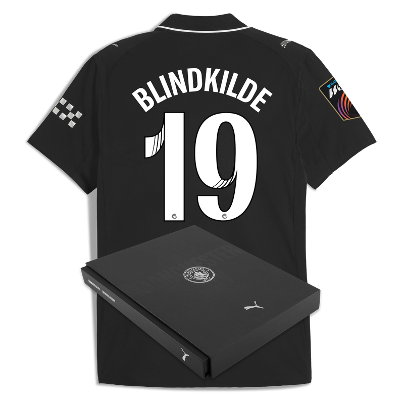 Man City Away Authentic Jersey 2025/26 With BLINDKILDE 19 Printing in Gift Box black - Check out all Manchester City t-shirts online